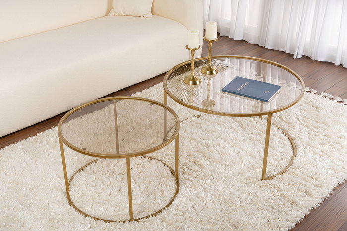 Nordure Juego de Mesas de Café 80, 60 cm Vidrio Templado y Metal Dorado, Bronce